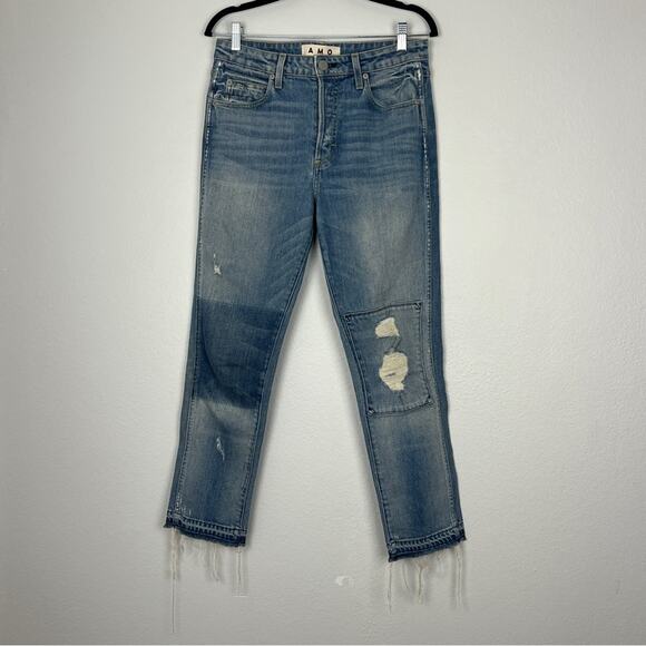 AMO | Babe Jeans in Keepsake Blue Patch Distressed Raw Hem Cropped Grunge 30 - Picture 5 of 11